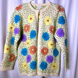 1950s-60s Vintage Floral Granny Cardigan - Hand Embroidered - 100% Wool
